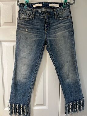 Anthropologie Blue Cropped Fringe-Hem Jeans by Pilcro and Letterpress Size 26